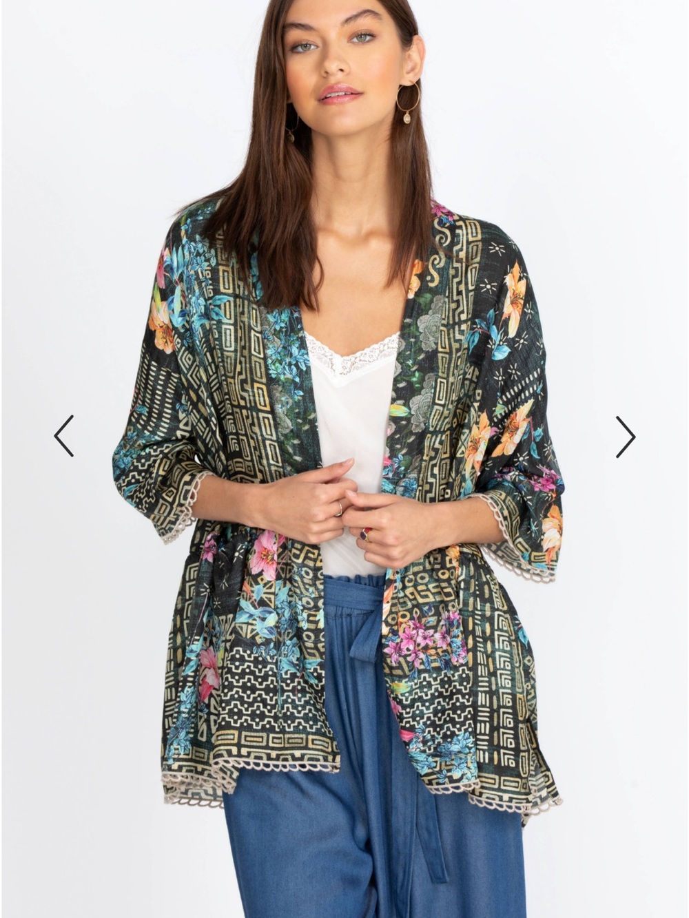 Johnny Was 100% Silk Weller Tia Kimono Jacket Small Boho Floral Patchwork EUC